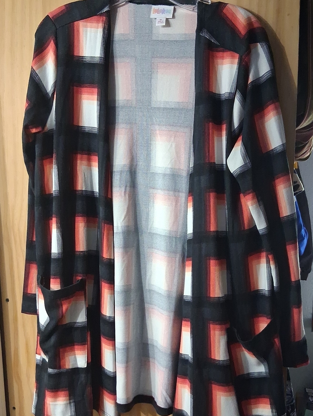 LuLaRoe Open Front Plaid Cardigan Jacket - Black, Red & Cream